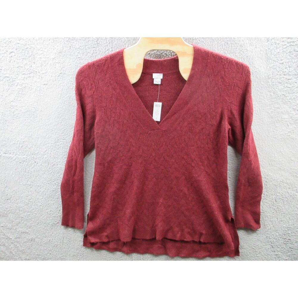 NWT Chico's XL Cranberry Herringbone Textured Deep V-Neck Sweater Wool Blend